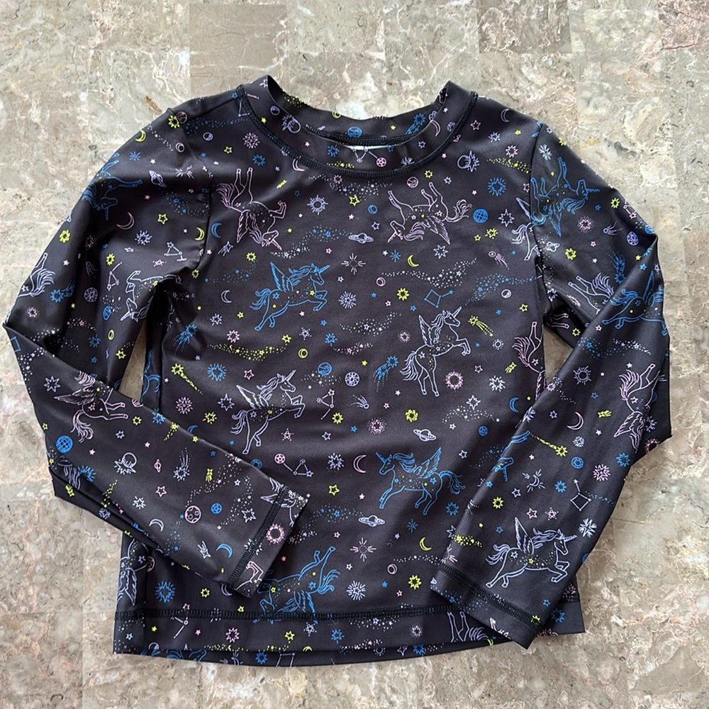 Hanna Andersson Black Unicorn Print Long Sleeve Swim Shirt, Rashguard size 6-7